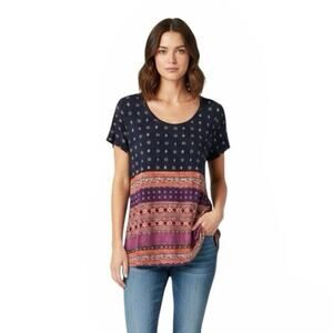 Lucky Brand Boho Aztec Print Scoop Neck Lightweight Short Sleeve Top Size Medium